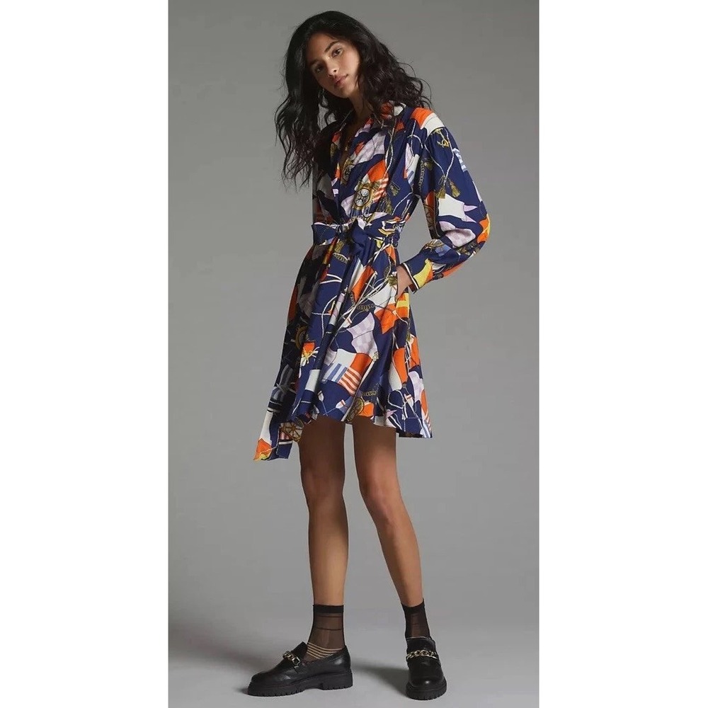 Maeve Anthropologie Nautical Print Belted Mini Shirt Dress Medium